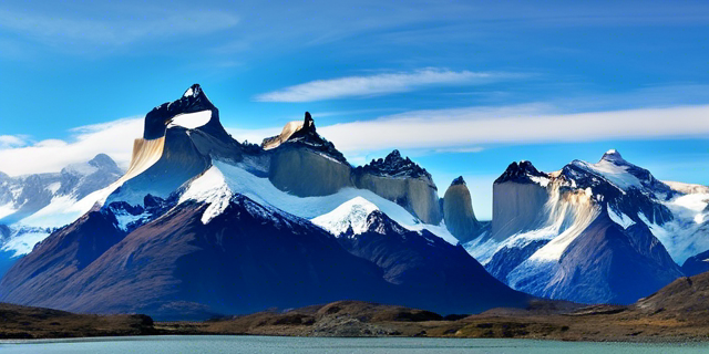 A panoramic view of Torres del Paine National Park with snow-capped mountains and a glacier in the foreground