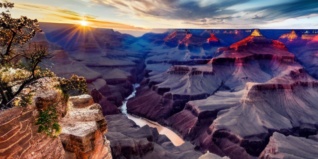 A panoramic view of the Grand Canyon, with the Colorado River winding through it.