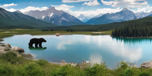 A photo of the iconic peaks of the Rocky Mountains in Banff National Park, Canada, with a lake in the foreground and a bear in the distance.