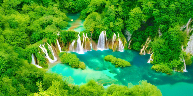 A stunning view of Plitvice Lakes National Park with emerald-colored lakes and cascading waterfalls surrounded by lush forests